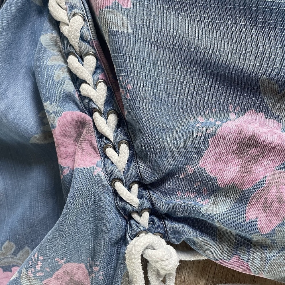Ali Miles Off The Shoulder Floral Chambray Tunic XL Rope Tie Fray Hem Cottage - Picture 8 of 11